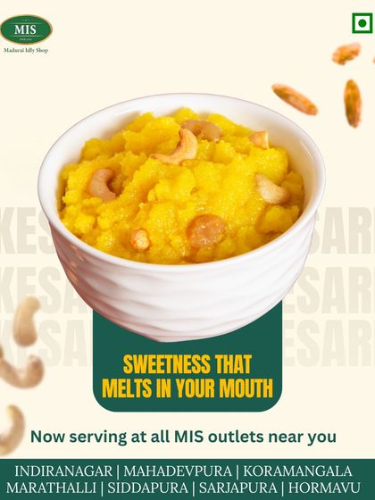 Our Kesari Bath is sweetness that melts in your mouth. Rich with ghee, studded with raisins and roasted cashews, it's the perfect sweet ending to any meal.