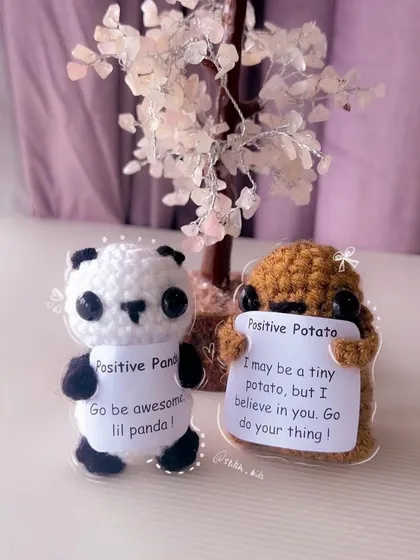My two most popular desk buddies, the Positive Panda and Positive Potato. They come with little motivational signs to keep you going through long days.