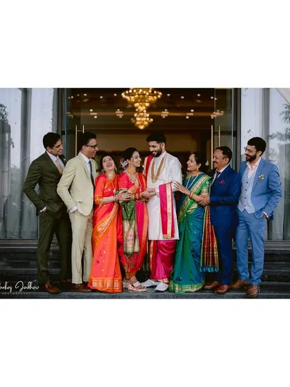 A wonderful family portrait from Zaee and Kartik's engagement. Everyone is dressed in their best, smiling and laughing together, a perfect capture of two families becoming one.