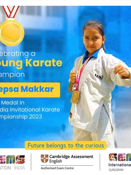 We celebrate every victory, big or small. Here is one of our young champions, Deepsa Makkar, who won a Gold Medal at the All India Invitational Karate Championship. We are proud to guide our students as they move 'aage se aage' (onward and upward).