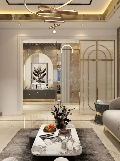 A perspective showing the flow between the living room and the foyer, highlighting the use of partitions and architectural details to define spaces.