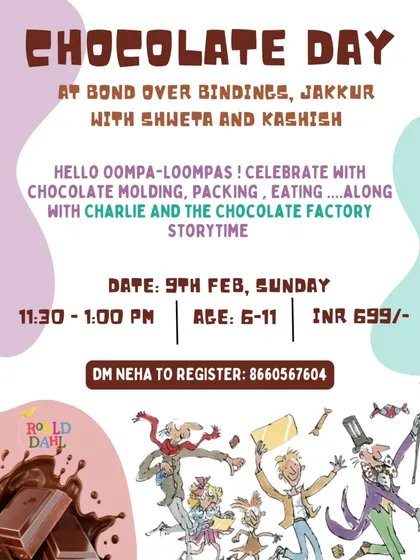 A golden ticket invitation to our Chocolate Day event. Inspired by "Charlie and the Chocolate Factory," this workshop included hands-on chocolate molding and a story time.