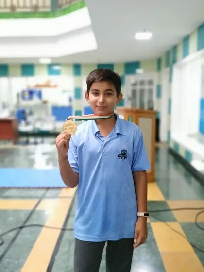 A proud gold medalist from the Delhi State Fencing Championship. This victory in the U-12 Foil category is a testament to his dedication and our focused training.