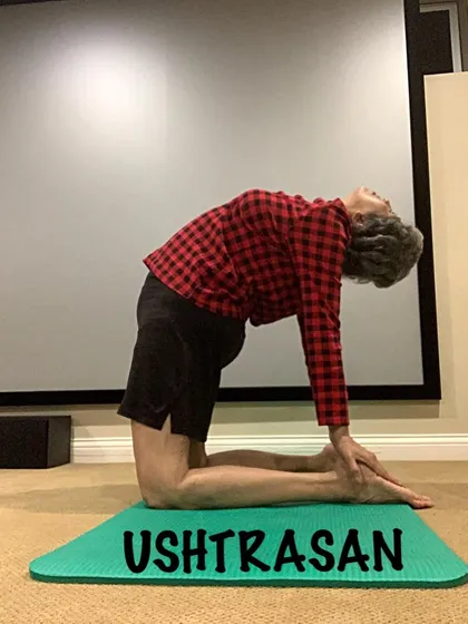 Practicing Ustrasana. This pose requires trust and openness, qualities we cultivate in my yoga sessions.