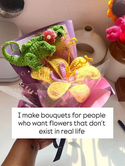 I make bouquets for people who want flowers that don't exist in real life. This Rapunzel-themed bouquet, complete with a chameleon, is a perfect example of how I can bring your wildest ideas to life.