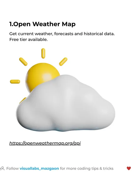 Free API #1: Open Weather Map. Use this to get current weather, forecasts, and historical data for your applications.