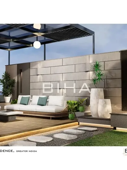 A detailed view of the lounge area from our Greater Noida terrace project. This render highlights the material palette, including the textured stone wall, wooden sofa frame, and subtle under-seating LED lighting that adds a layer of warmth and sophistication.