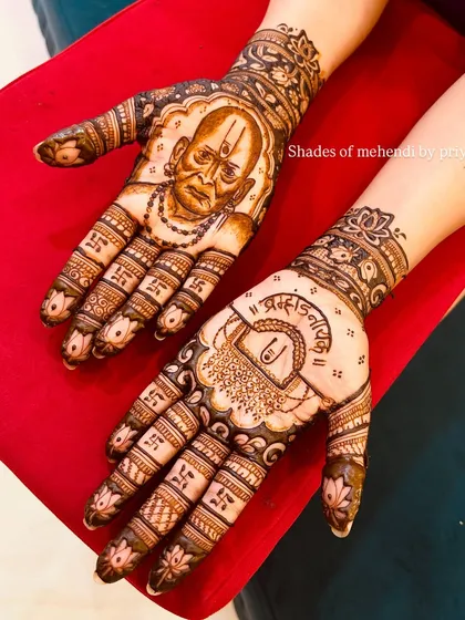 A powerful portrait of Swami Samarth on one hand, paired with a 'palkhi' design on the other. The fingers are adorned with 'swastik' symbols and the name 'Swami'.