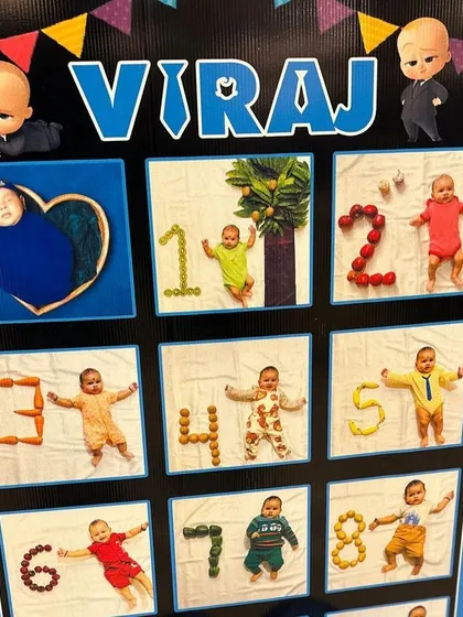 Another example of a creative milestone photo board, perfect for a first birthday party. This one features a "Boss Baby" theme and displays photos from each month of the baby's first year.