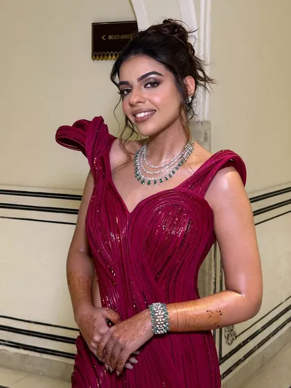 My stunner Sur dolled up for her cocktail in Gaurav Gupta. The look is all about dewy skin and sultry brown eyes, an international and very chic makeup style.