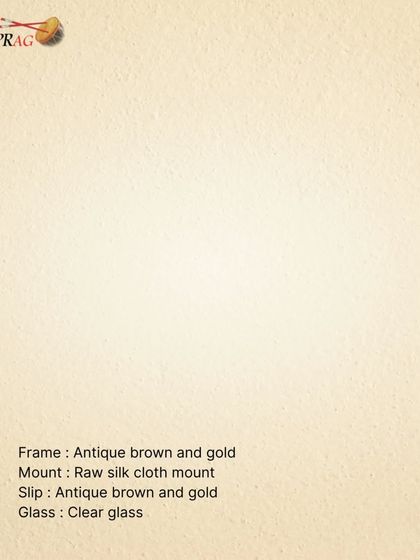 The specifications for this divine frame. We used an Antique brown and gold frame, a Raw silk cloth mount, an Antique brown and gold slip, and Clear glass to achieve this traditional and elegant look.