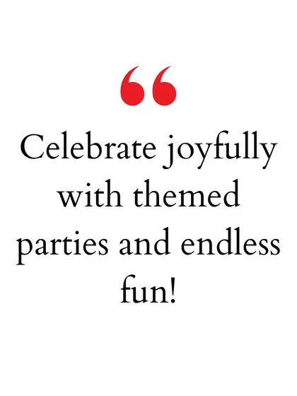 "Celebrate joyfully with themed parties and endless fun!" Highlighting our two main offerings: custom themes and a fantastic playzone.