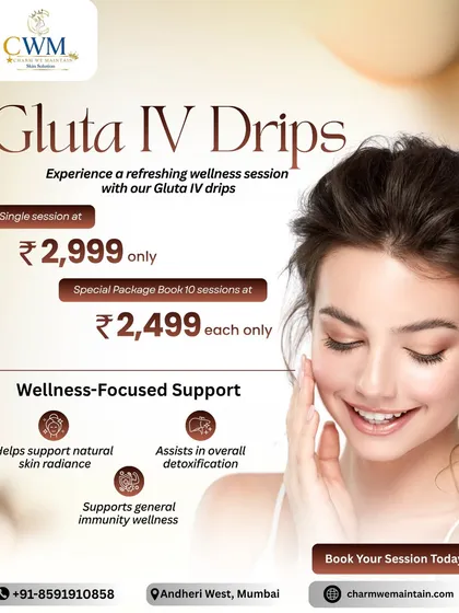 This graphic details the pricing for my Gluta IV Drips, with options for single sessions or packages. The treatment supports natural skin radiance, detoxification, and general immunity.