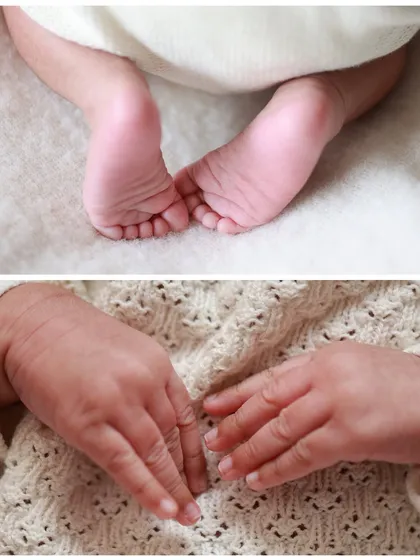 A diptych showing a newborn's tiny feet and hands. These close-up shots are a beautiful way to remember how small they were.