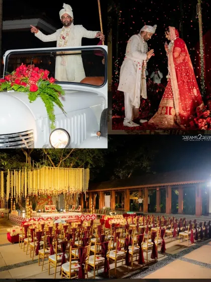 The wedding ceremony combined grand moments, like the groom's stylish entry in a vintage jeep, with the beautiful traditions of the pheras under a floral mandap.