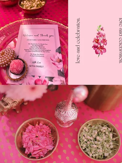 A collage of the fine details from the pink-themed celebration, from the welcome note and laddoo favor to the bowls of fresh mogra and rose petals for guests.