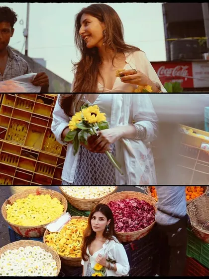 This photo series from the flower market combines different perspectives into one narrative. It shows the subject interacting with vendors, standing amidst baskets of flowers, and holding her sunflowers, capturing the full experience.
