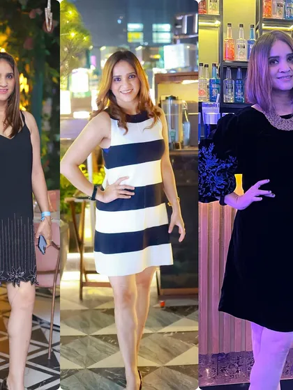 One person, three distinct looks for three different evenings. This shows how we can create variety in your wardrobe, from a classic striped dress to a glamorous fringed number, ensuring you have the perfect outfit for any party or event.