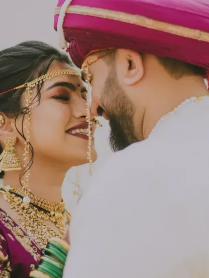 A close-up, romantic shot of the couple, their eyes filled with affection. This image captures the deep connection between them.