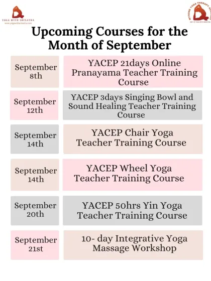 The schedule for our September specialized courses, featuring Pranayama, Sound Healing, Chair, Wheel, and Yin Yoga, plus an Integrative Yoga Massage workshop.