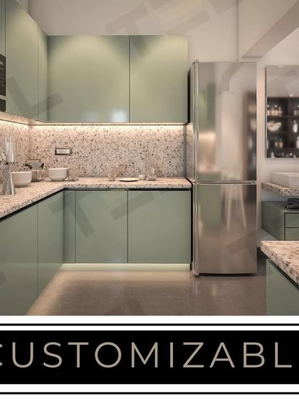 This image emphasizes that my kitchens are fully customizable. This particular design features a soft green finish and a unique terrazzo-style countertop and backsplash.