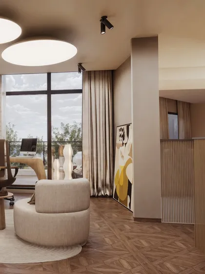 This angle shows the comfortable seating area within the study, creating a space for both work and relaxation.
