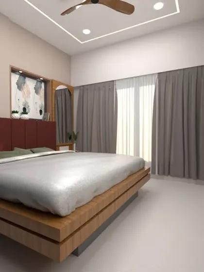 A 3D render of a bedroom with a platform bed and a dark red headboard.