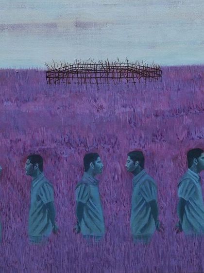'Untitled' by Raghu Kondur. This acrylic on canvas painting features repeating self-portraits against a surreal purple landscape, exploring themes of identity, observation, and the self in space.