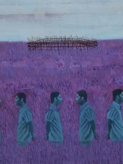 An untitled acrylic on canvas painting by Raghu Kondur, showcasing his surreal style that often features repeating figures in vast landscapes.