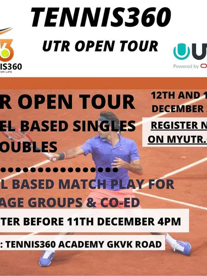 The official announcement for the Tennis360 UTR Open Tour, detailing the level-based singles and doubles match play available for all age groups.