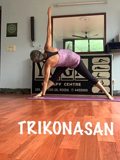A clear demonstration of Triangle Pose, highlighting the straight lines and open chest that are key to this posture.