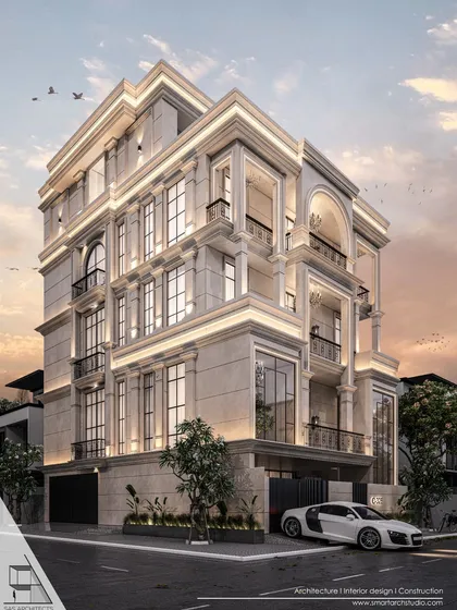 A similar neoclassical proposal for Vikaspuri, viewed from a different angle to show the depth and detailing of the window frames and cornices.