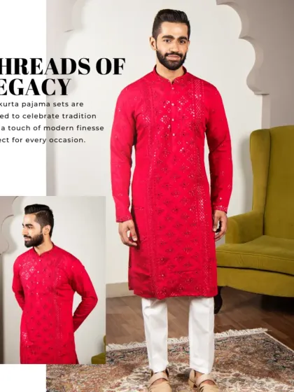Threads of legacy. This bold red kurta pajama set is crafted to celebrate tradition with a touch of modern finesse, perfect for every occasion.