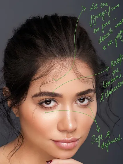 A look into my artistic process. Beauty is in the details: the soft flyaways framing the face, the natural brow texture, and the defined yet gentle features. This annotated image reveals the intentional thought behind every seemingly simple shot.