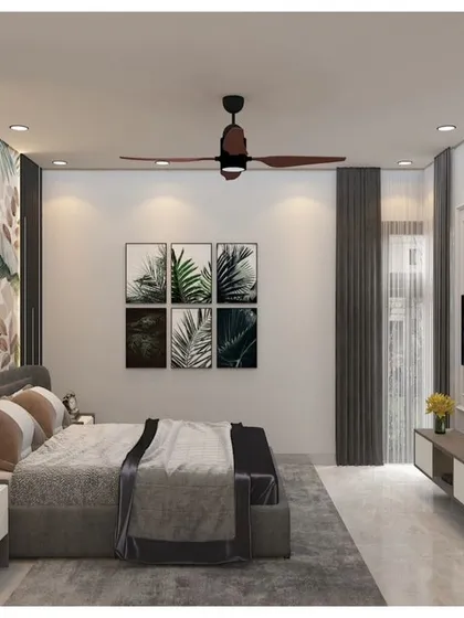This 3D render showcases a bedroom with a tropical theme, featuring a large botanical wallpaper and framed leaf prints. The dark wood tones and grey upholstery create a balanced and modern look.