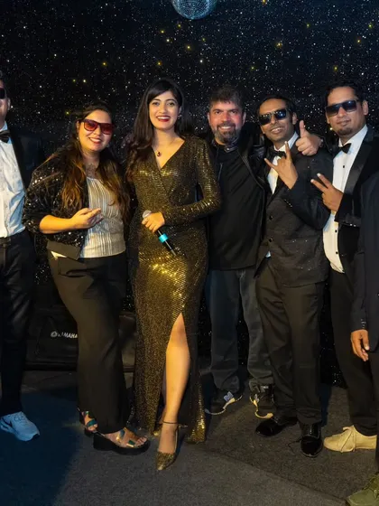 Posing with guests at a Great Gatsby themed New Year's Eve 2025 party. We love being part of such glamorous events.
