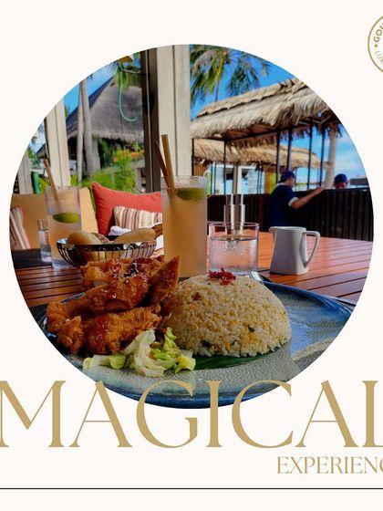 "Magical Experience." A candid shot of a meal enjoyed with a stunning beach view in the Maldives. We create more than just meals; we create memories.