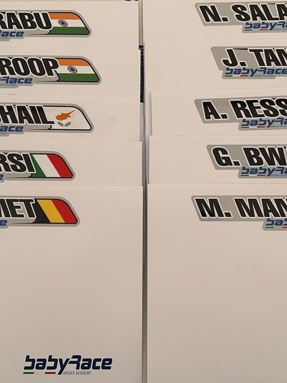 Name tags for drivers from around the world, including our own, at the Baby Race Academy.