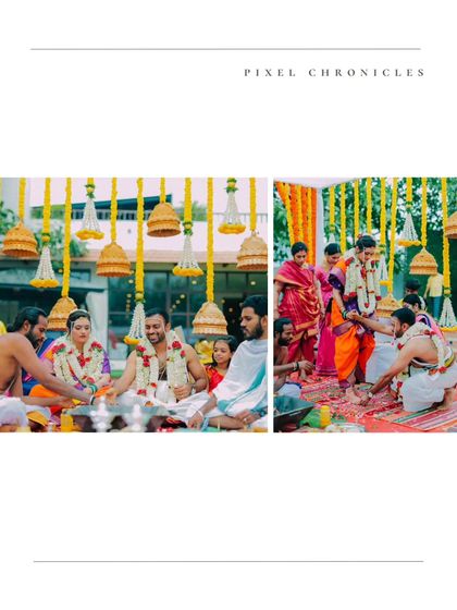 A collage showing different rituals from the traditional Hindu ceremony, highlighting the sacred fire and family involvement.