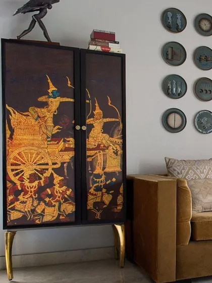 A collaboration where my art meets expert craftsmanship. This cabinet features a dramatic, heritage-inspired design printed on its doors, turning a storage piece into a focal point of the room.