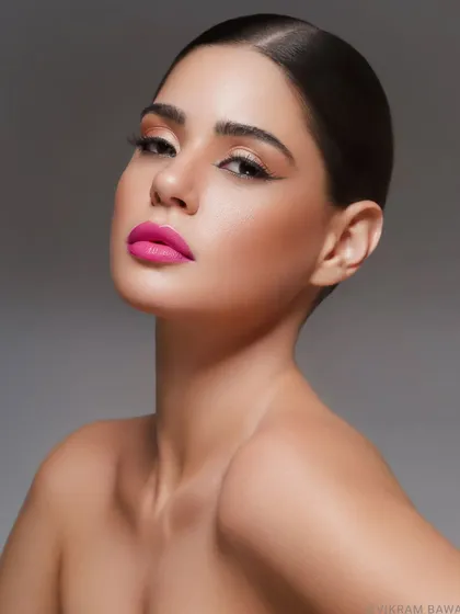 A classic beauty shoot with a focus on clean skin and bold makeup. The simple grey background ensures the subject is the complete focus.