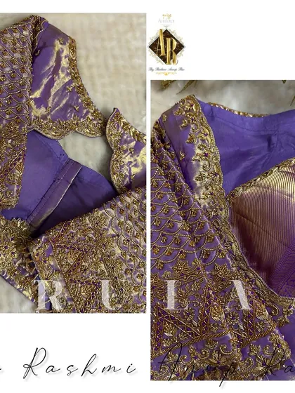 This lavender blouse is a perfect example of heavy bridal work. The entire surface is covered in a dense grid pattern of zardosi embroidery, creating a beautifully rich and royal look.