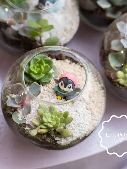 Another adorable terrarium detail, this time with a tiny penguin figure nestled amongst the succulents.