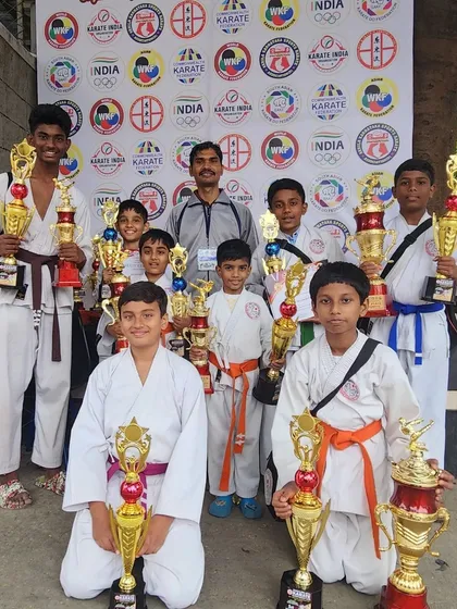 It brings me great joy to see my students' success. Here is a group of our young winners from the Bangalore Open Karate Championship 2024, proudly displaying their well-earned trophies.