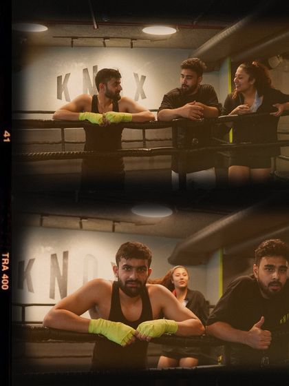 A film-strip style image showing members talking and training in and around the boxing ring, capturing the dynamic and social environment.