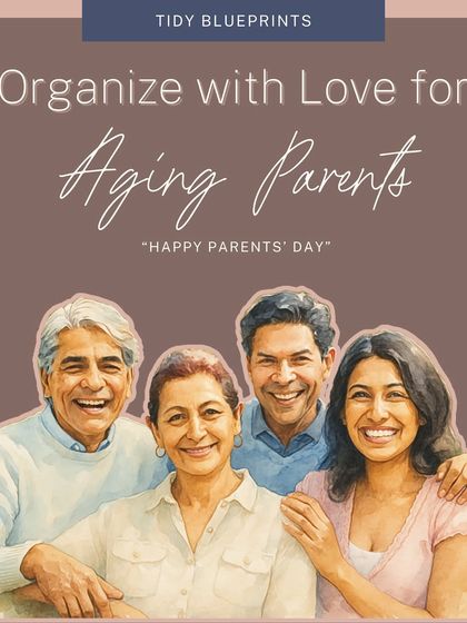 Organizing for aging parents is an act of love. This carousel shows simple, impactful changes like using color codes and large-font labels to make their home safer and more comfortable.