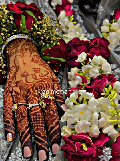 Another angle of the engagement henna stain, showing the personalized ring design.