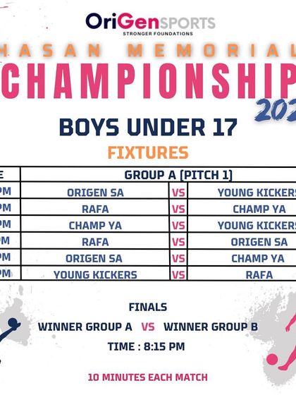 The detailed fixture list for Group A of the Boys U17 category, featuring our own OriGen SA team.