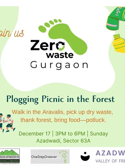 An invitation to our Plogging Picnic. We combine a walk in the Aravallis with picking up dry waste and a community potluck, making conservation a fun and social activity.