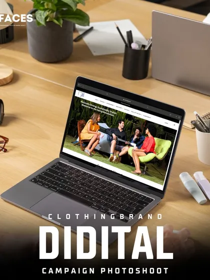 A laptop showing a group lifestyle shot for a clothing brand's digital campaign. We create visuals that depict a desirable lifestyle, helping customers connect with the brand on an aspirational level.